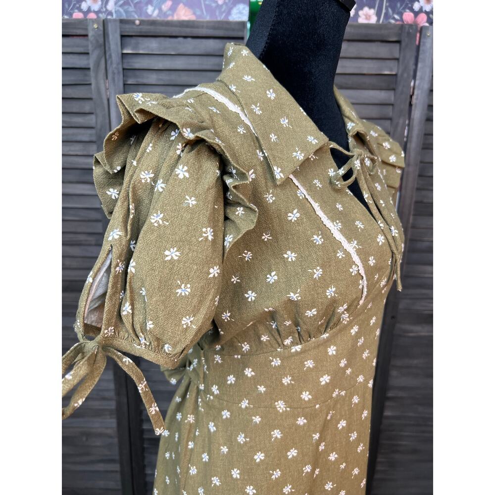 Bohme Olive Green Ditsy Floral 100% Cotton Puff Sleeve Mini Dress S NWOT Smocked - Picture 4 of 10